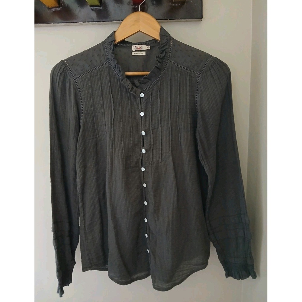 Faherty Willa Button Down Peasant Blouse Size Medium Ruffles Pleats Feminine